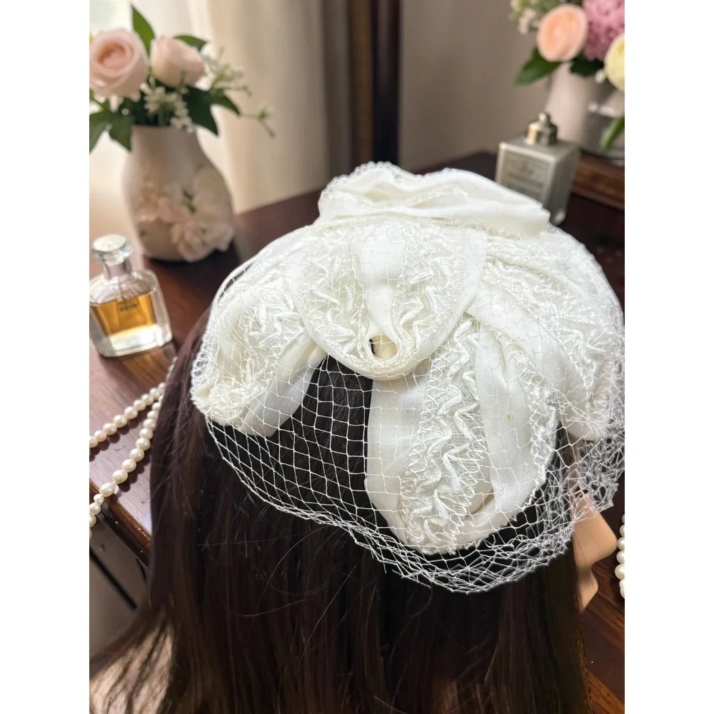 Vintage White Bridal Pillbox Hat with Birdcage Veil Rose Detail - Picture 6 of 11